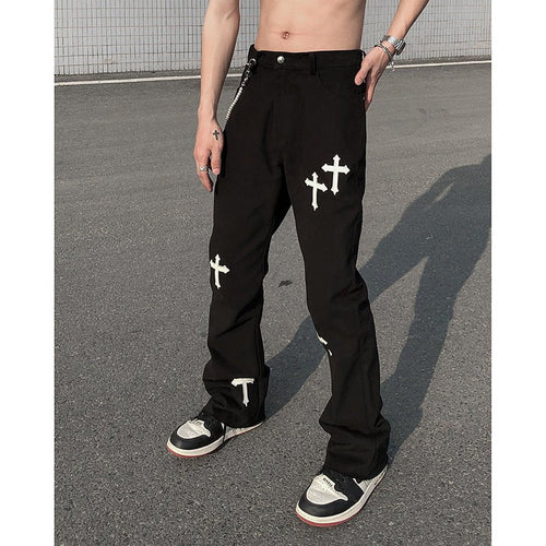 Men's Cross Print Trousers – Relaxed Streetwear Pants in Black or White