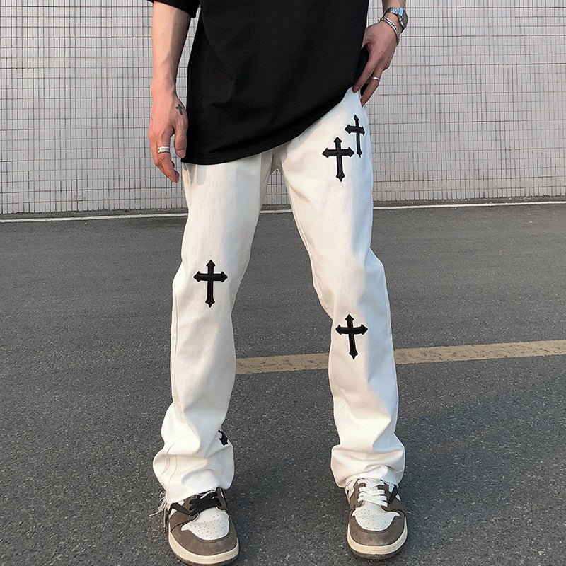 Men's Cross Print Trousers – Relaxed Streetwear Pants in Black or White