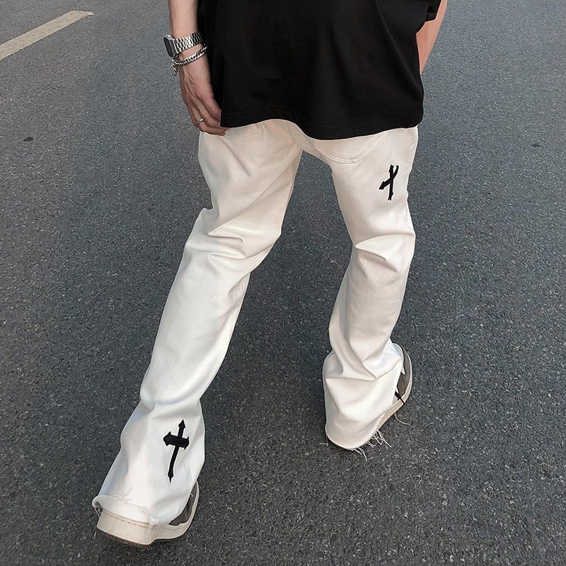 Men's Cross Print Trousers – Relaxed Streetwear Pants in Black or White