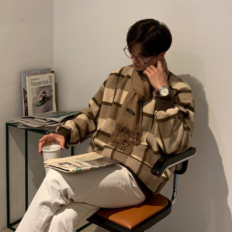 Men's Plaid Knit Jumper – Checked Crewneck in Coffee or Green