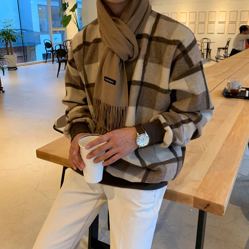 Men's Plaid Knit Jumper – Checked Crewneck in Coffee or Green