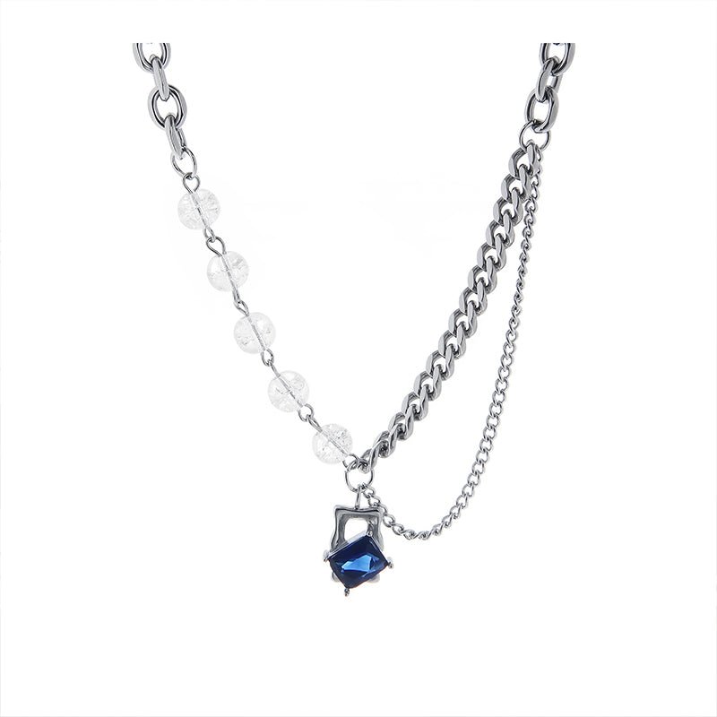 Blue Gem Pendant Necklace – Titanium Steel Chain with Stone Detail