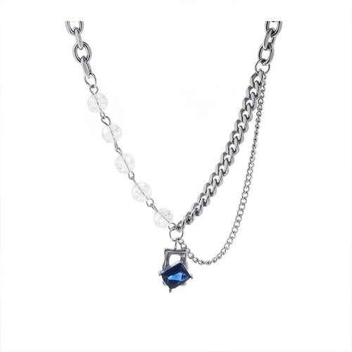 Blue Gem Pendant Necklace – Titanium Steel Chain with Stone Detail