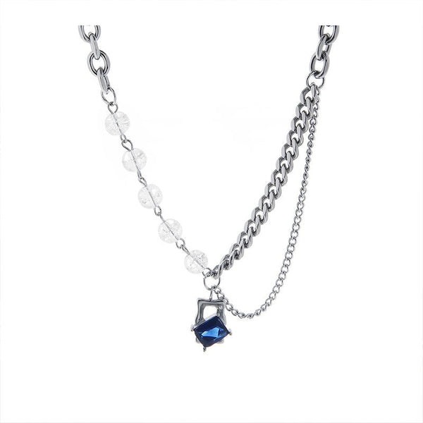 Blue Gem Pendant Necklace – Titanium Steel Chain with Stone Detail
