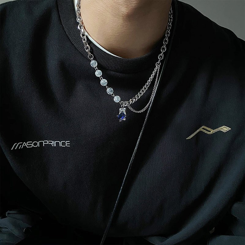 Blue Gem Pendant Necklace – Titanium Steel Chain with Stone Detail