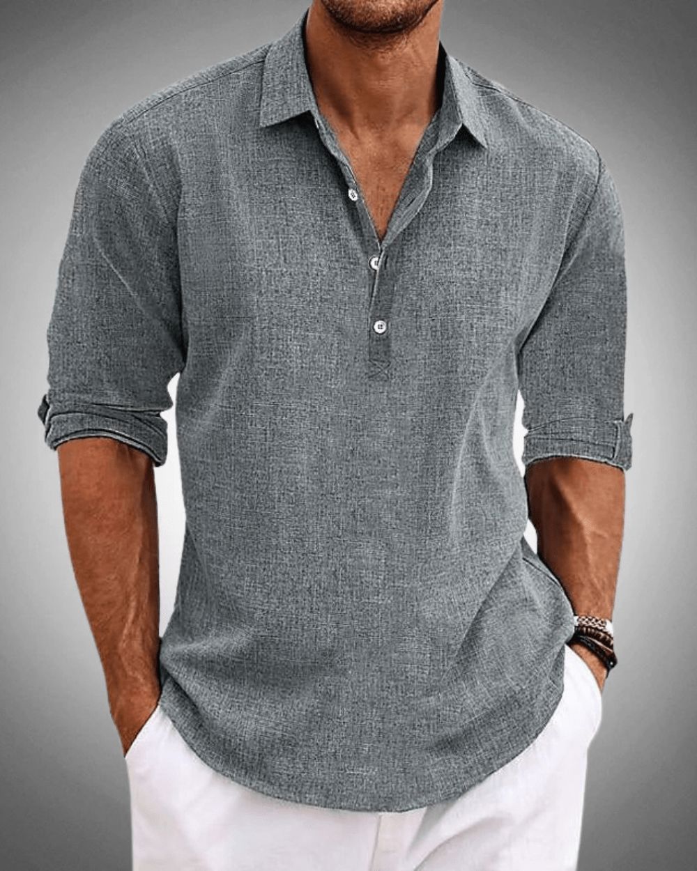 Men's Cotton Popover Shirt – Breathable Roll-Sleeve Top