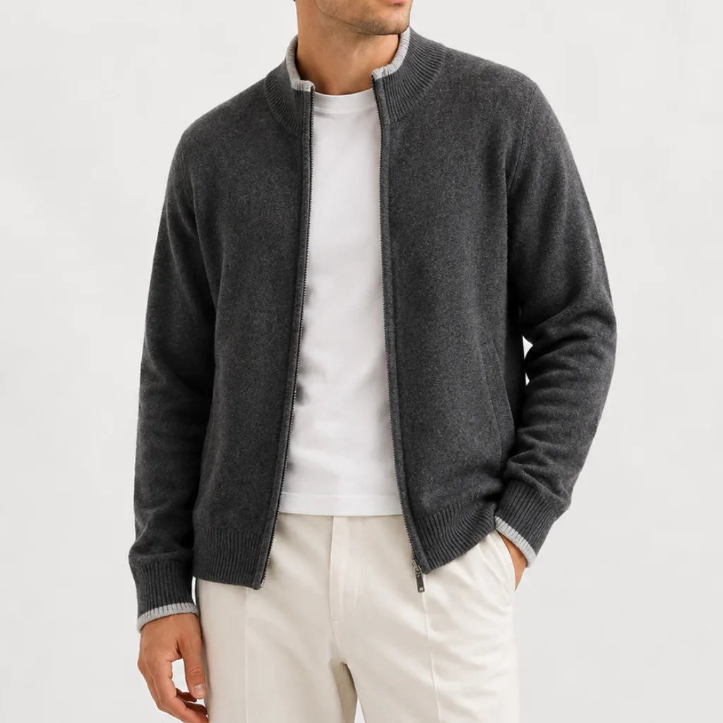 Men's Zip-up Jumper with Knitted Texture