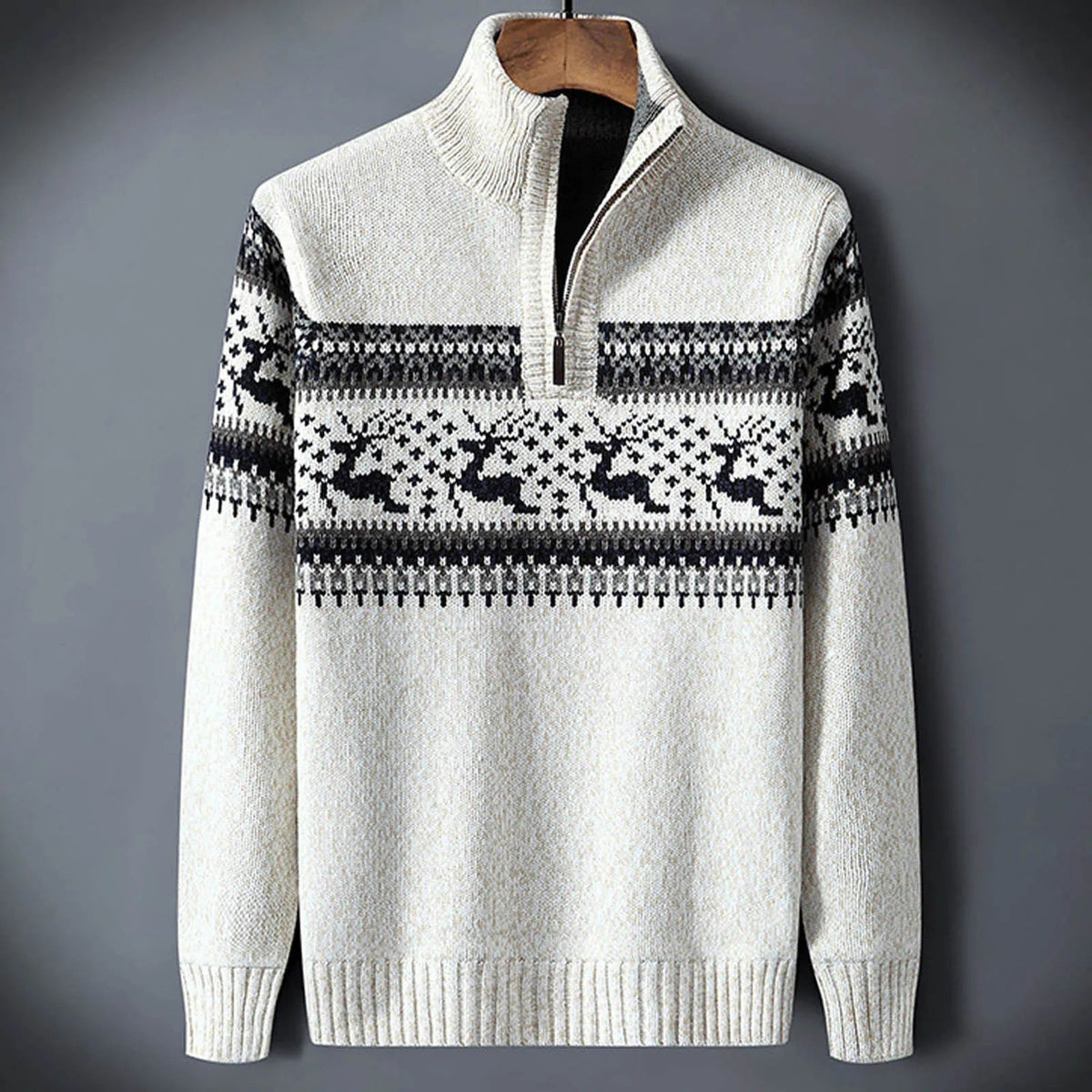 Men's Half-Zip Knitted Jumper with Stand Collar – Nordic Pattern