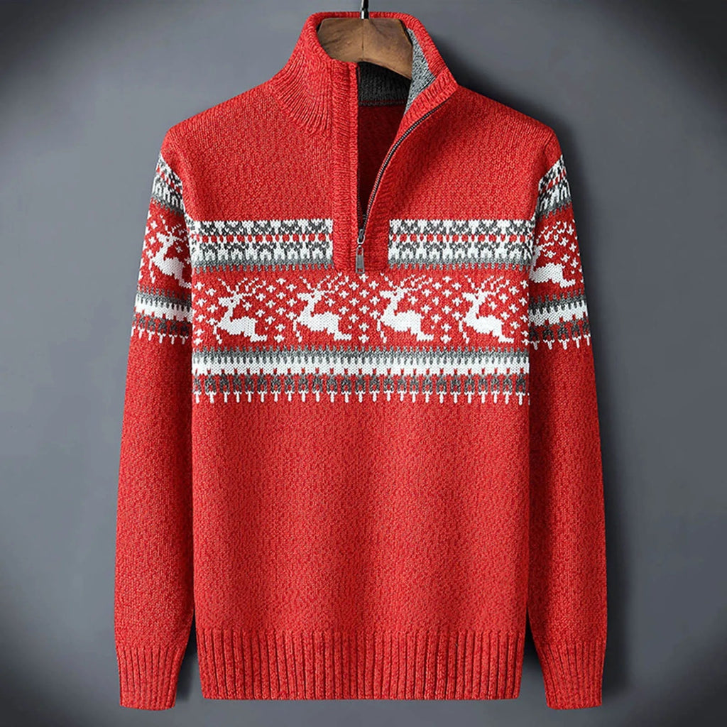 Men's Half-Zip Knitted Jumper with Stand Collar – Nordic Pattern