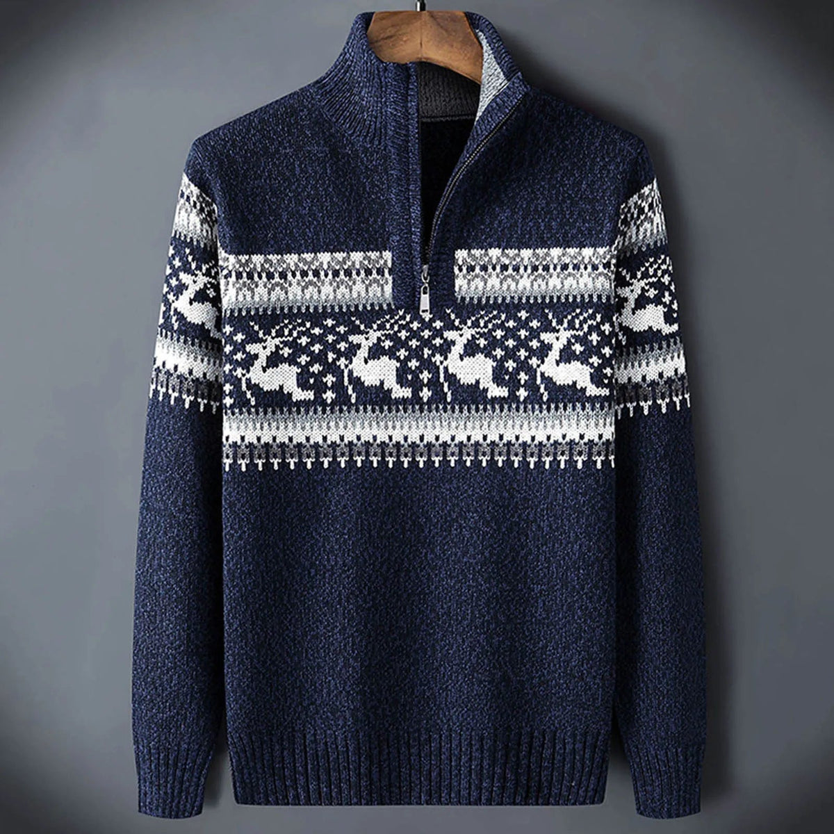Men's Half-Zip Knitted Jumper with Stand Collar – Nordic Pattern