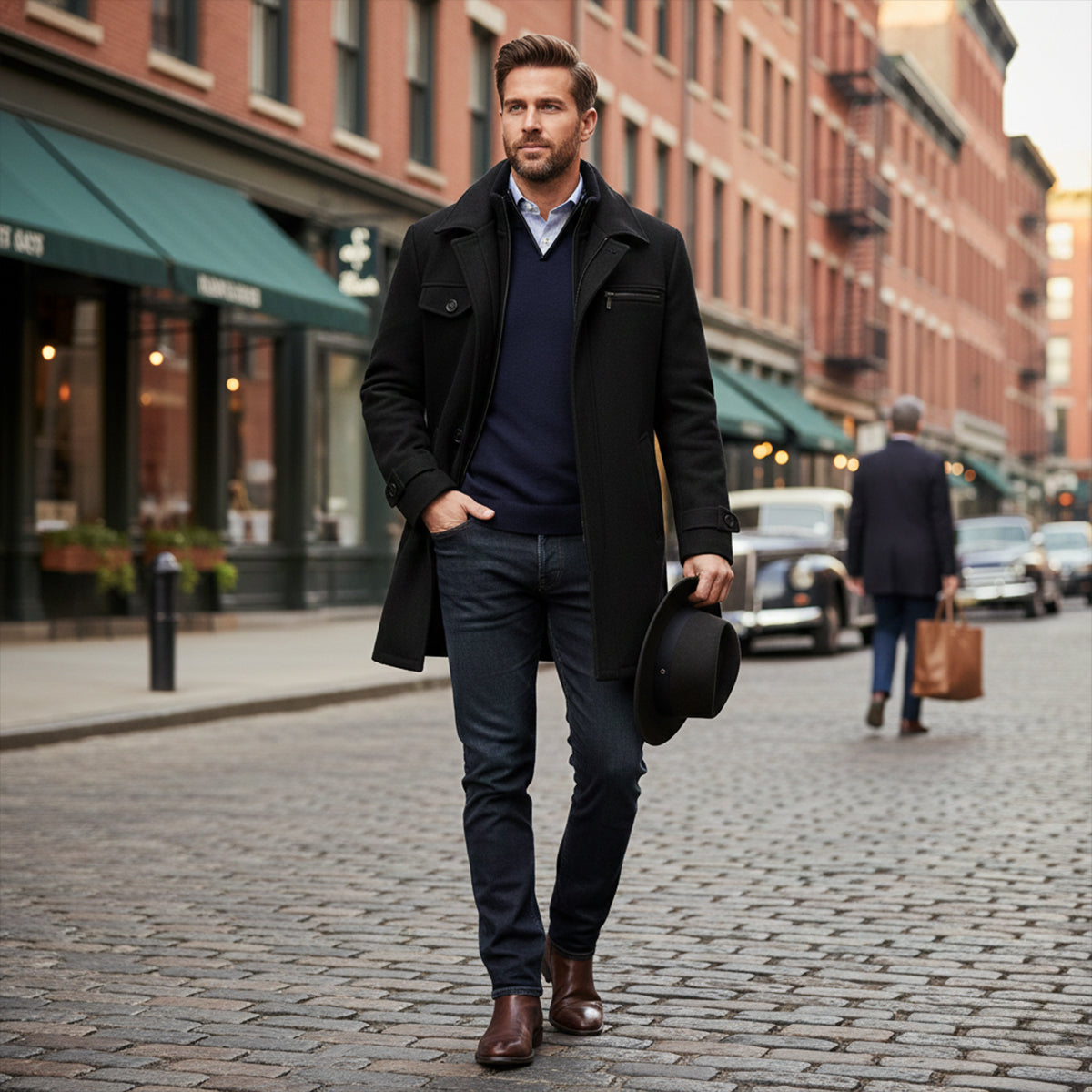 Men's Wool-Blend Smart Jacket – Zip and Button Front, Adjustable Cuffs