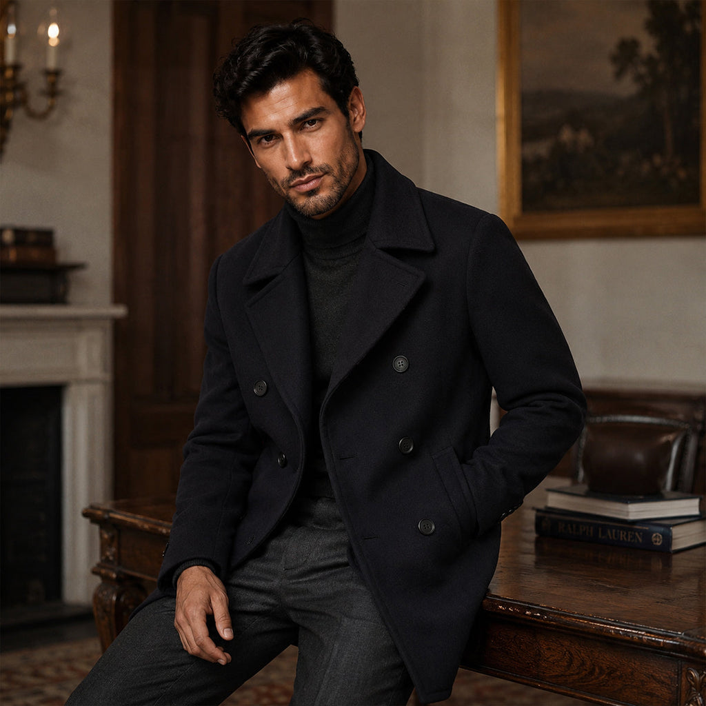Men's Double-Breasted Wool-Blend Peacoat – Black