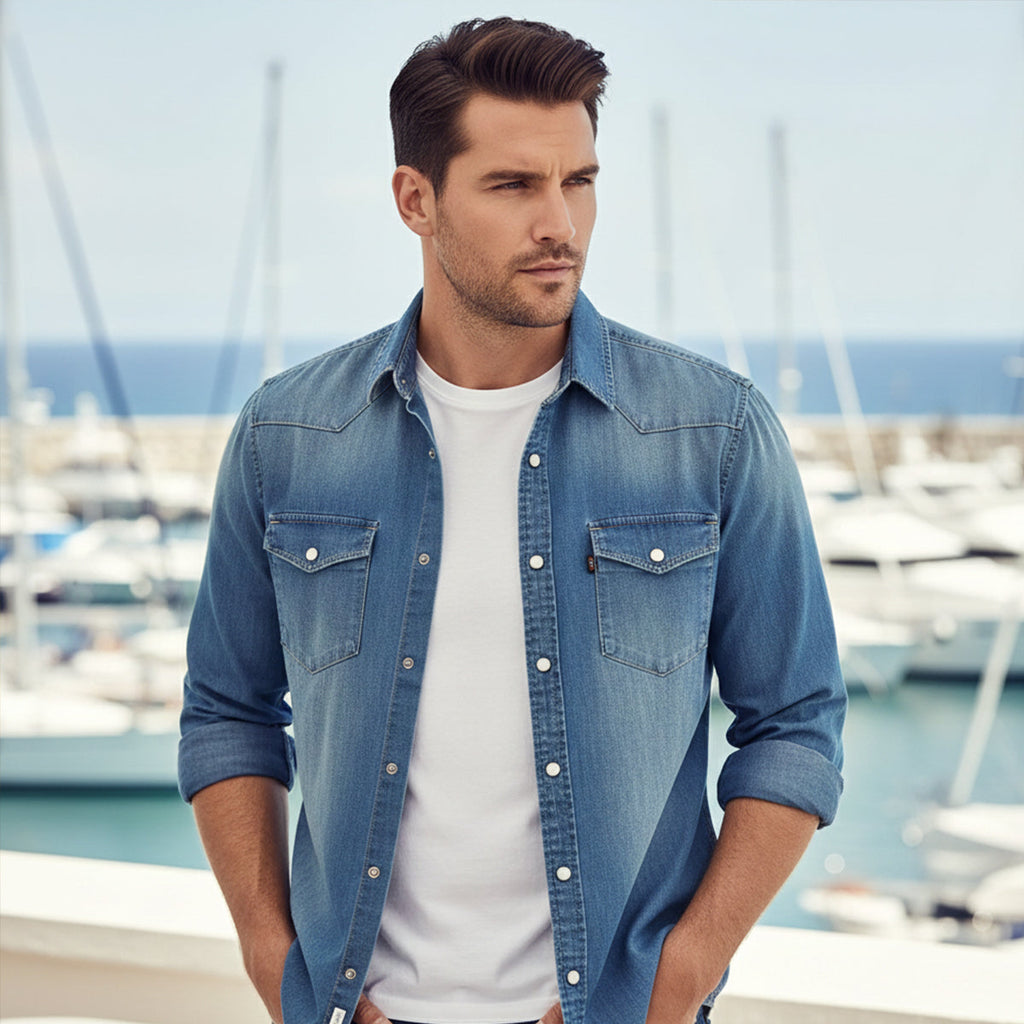 Men's Stretch Denim Shirt – Slim Fit, Chest Flap Pockets