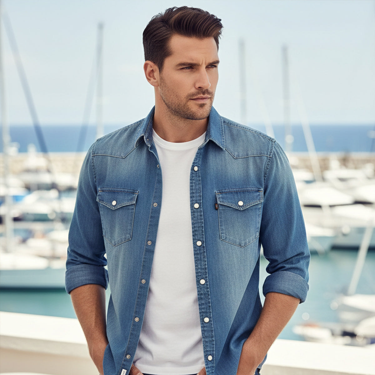 Men's Stretch Denim Shirt – Slim Fit, Chest Flap Pockets