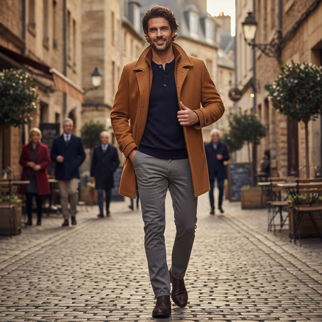Men's Wool-Blend Smart Jacket – Zip and Button Front, Adjustable Cuffs