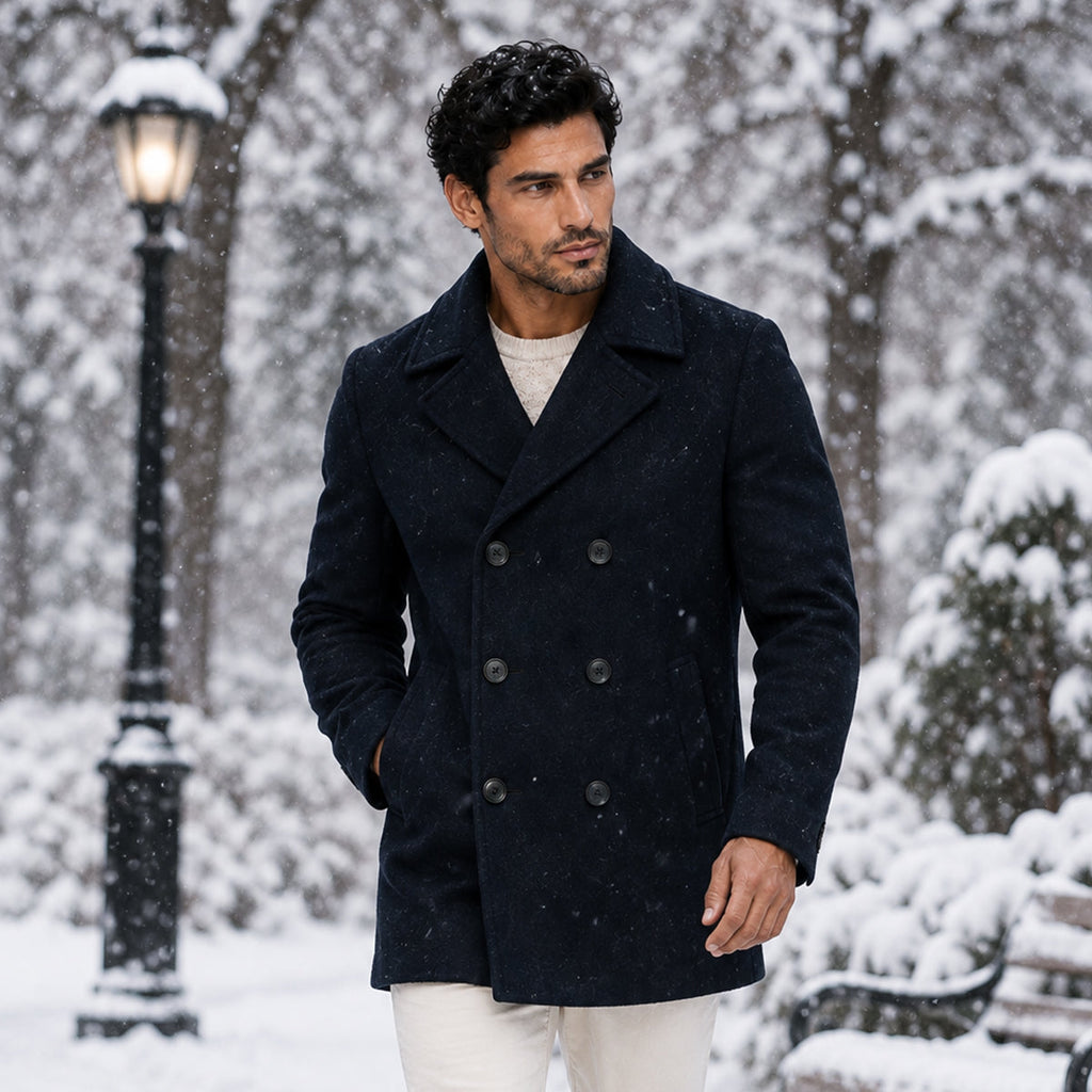 Men's Double-Breasted Wool-Blend Peacoat – Navy Blue