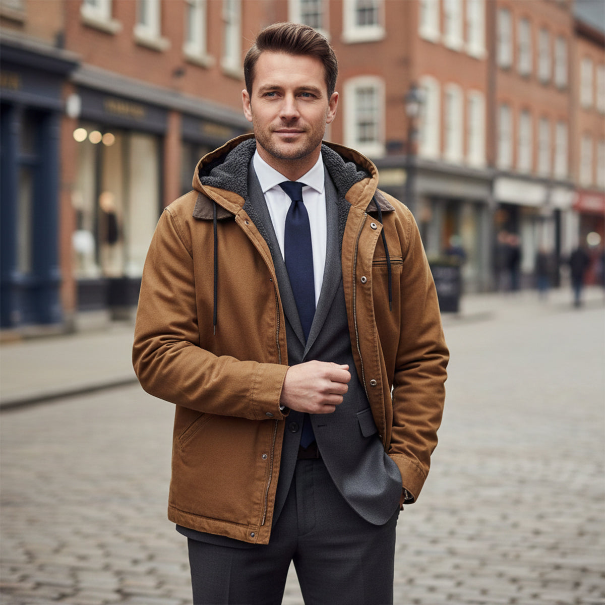 Men's Fleece-Lined Hooded Jacket – Drawstring Hood, Ribbed Cuffs