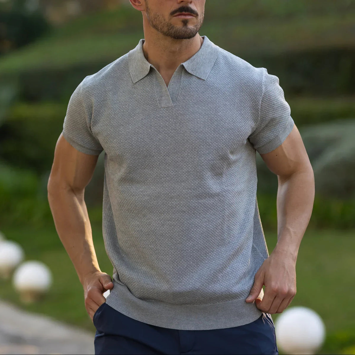 Men's Breathable V-Neck Polo – Modern Athletic Fit