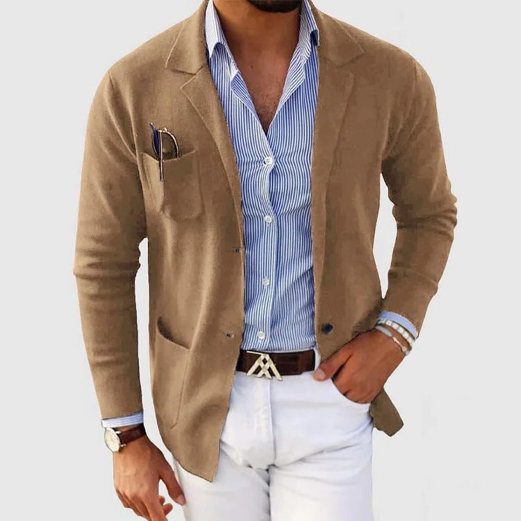 Men's Knitted Blazer Cardigan – Lapel-Collar Button-Front Jacket