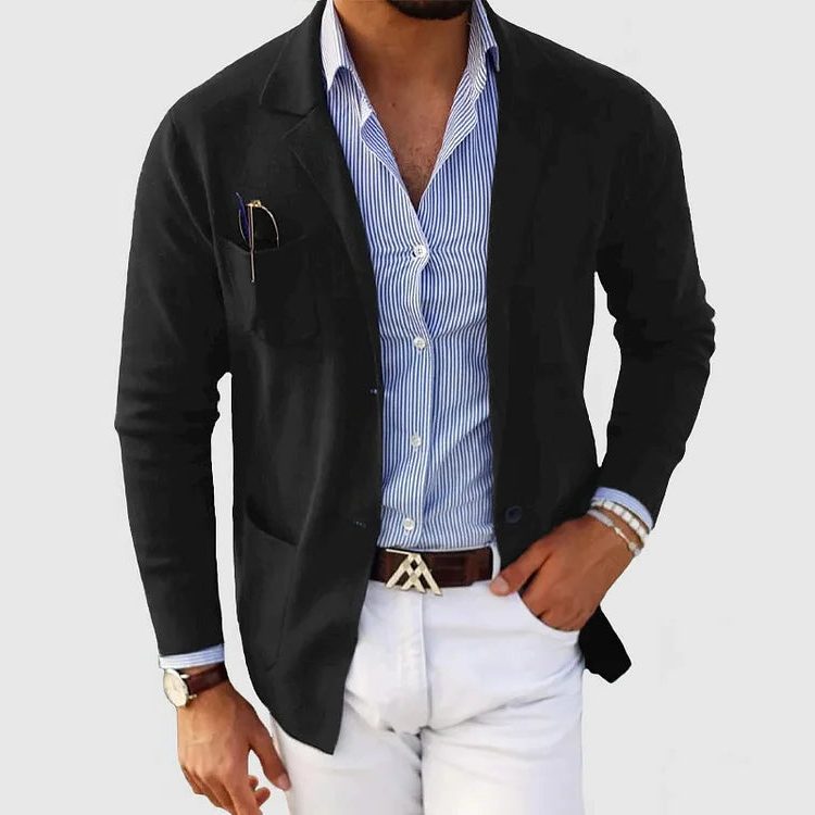 Men's Knitted Blazer Cardigan – Lapel-Collar Button-Front Jacket