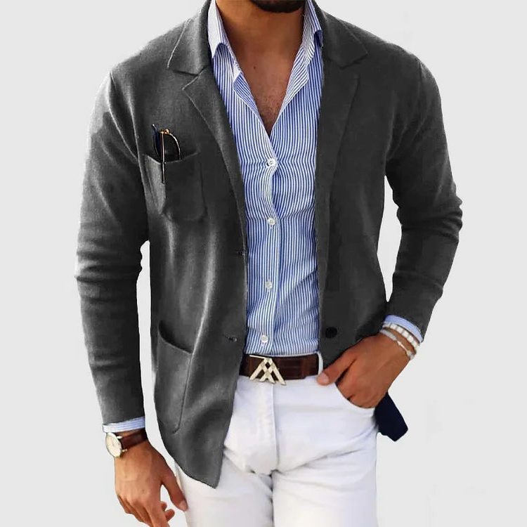 Men's Knitted Blazer Cardigan – Lapel-Collar Button-Front Jacket