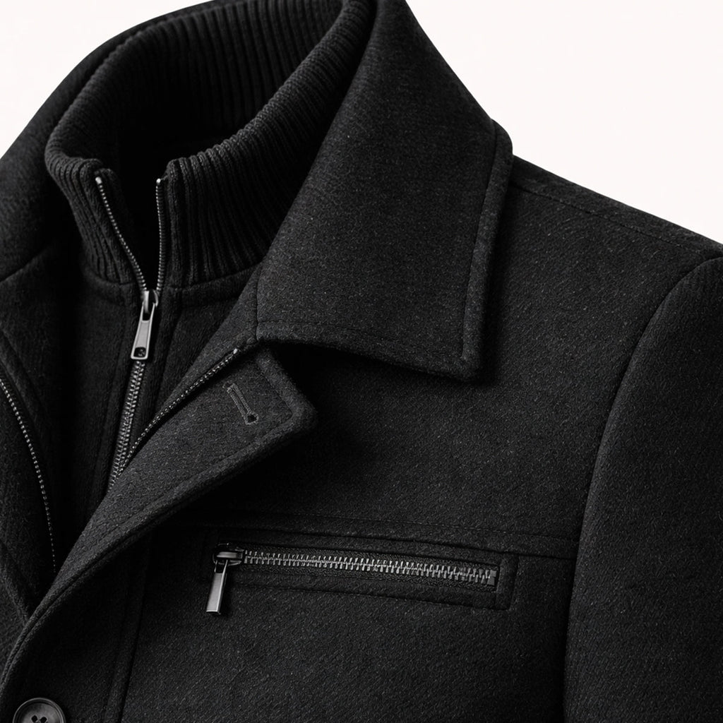 Men's Wool-Blend Smart Jacket – Zip and Button Front, Adjustable Cuffs