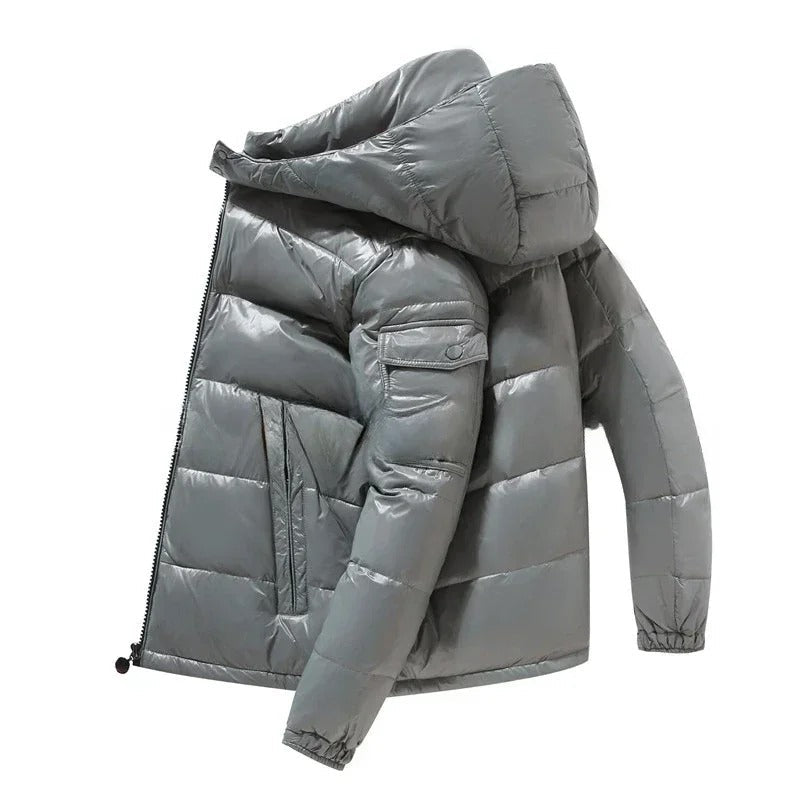 Men's Glossy Hooded Down Puffer Jacket – Windproof Insulated Winter