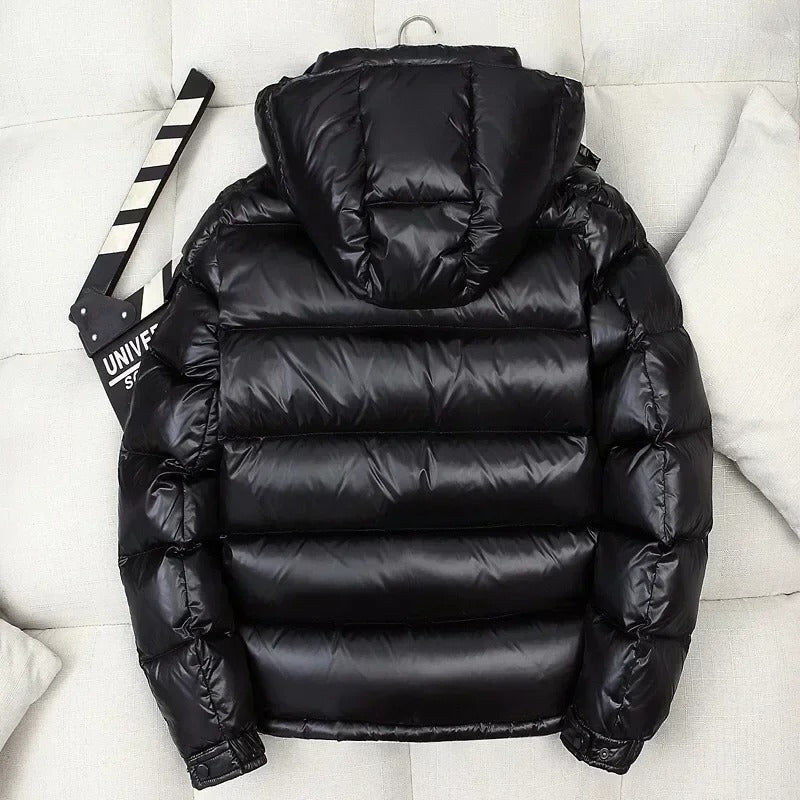 Men's Glossy Hooded Down Puffer Jacket – Windproof Insulated Winter