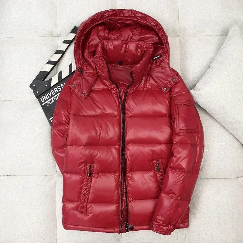 Men's Glossy Hooded Down Puffer Jacket – Windproof Insulated Winter
