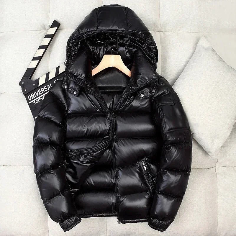 Men's Glossy Hooded Down Puffer Jacket – Windproof Insulated Winter
