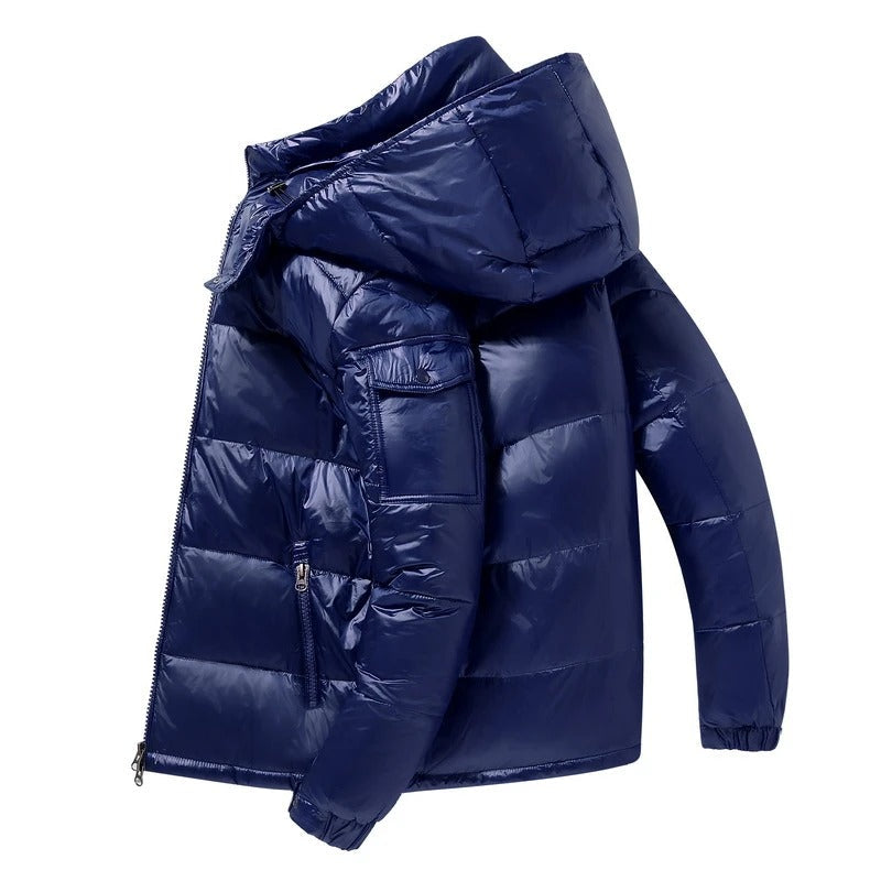 Men's Glossy Hooded Down Puffer Jacket – Windproof Insulated Winter