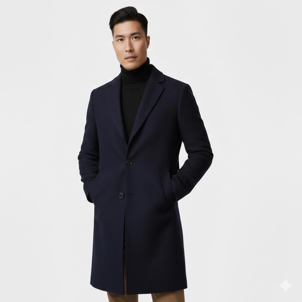 Men's Single-Breasted Long Overcoat – Slim-Fit Tailored Coat