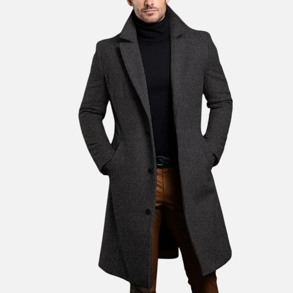 Men's Single-Breasted Long Overcoat – Slim-Fit Tailored Coat