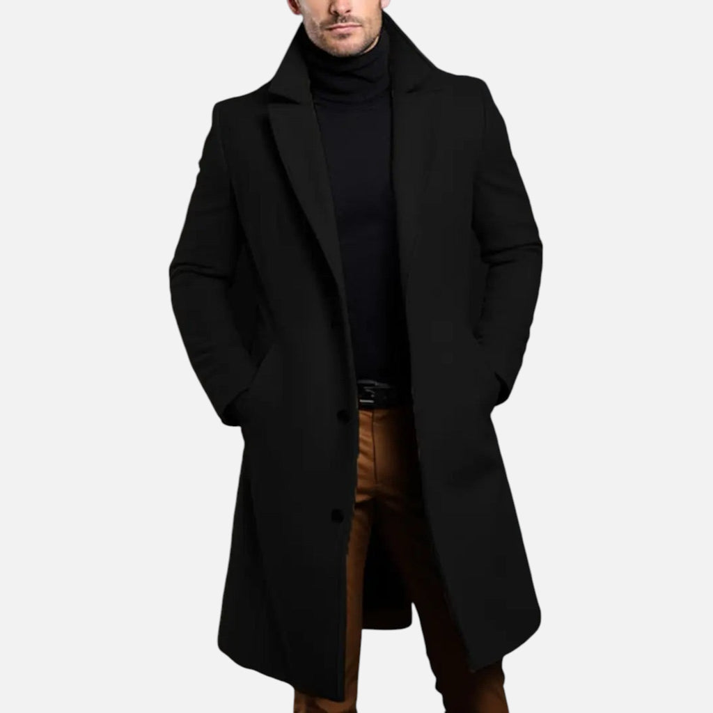 Men's Single-Breasted Long Overcoat – Slim-Fit Tailored Coat