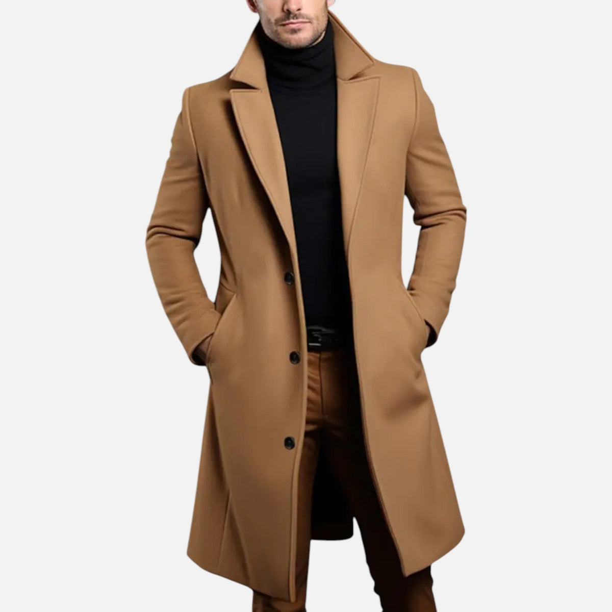Men's Single-Breasted Long Overcoat – Slim-Fit Tailored Coat