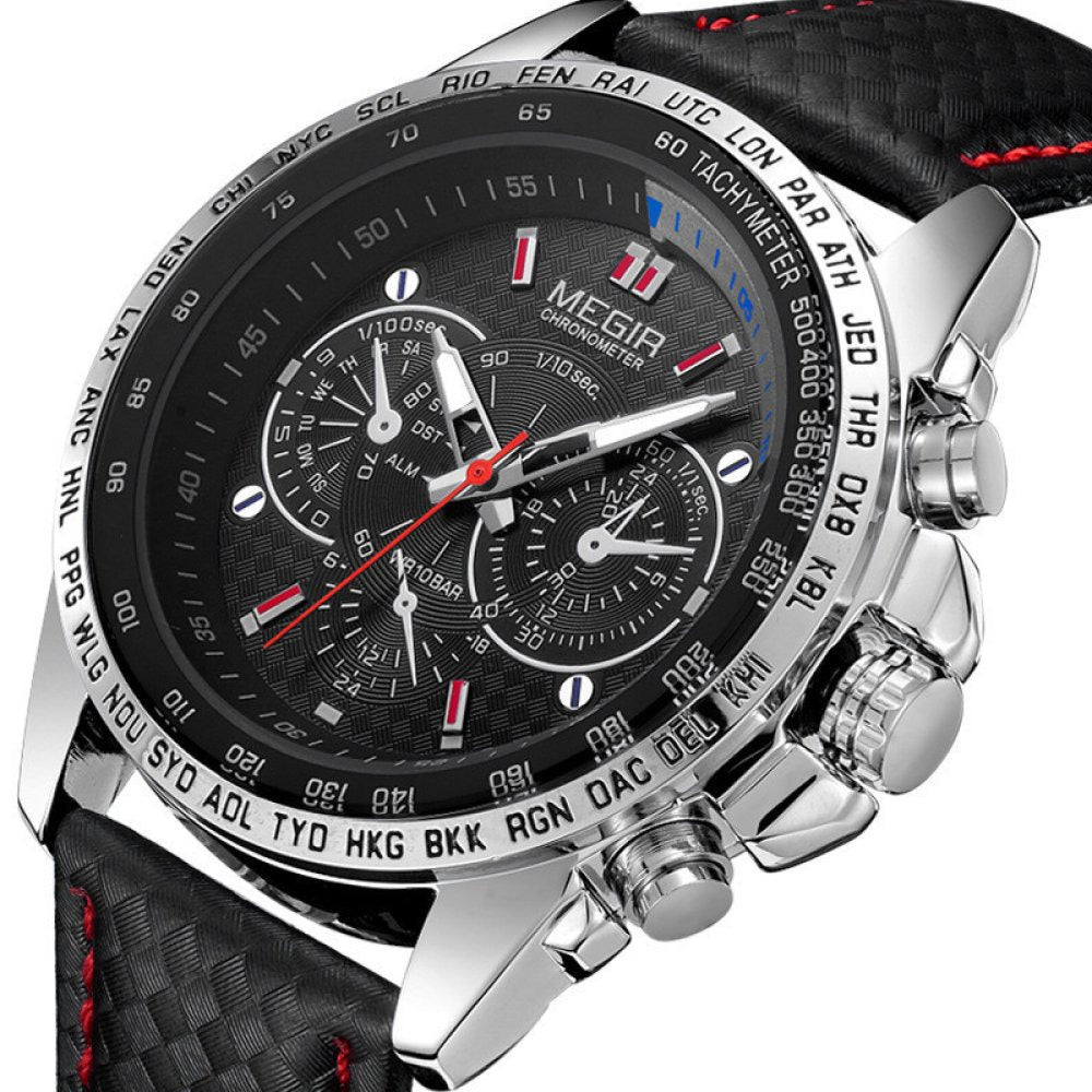 Men's Quartz Chronograph Watch – leather-look-Strap Sports Timepiece