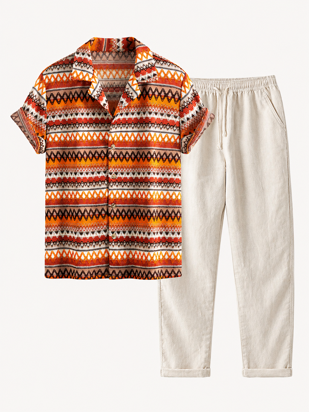 Men's Printed Cuban Shirt and linen-look Blend Trousers