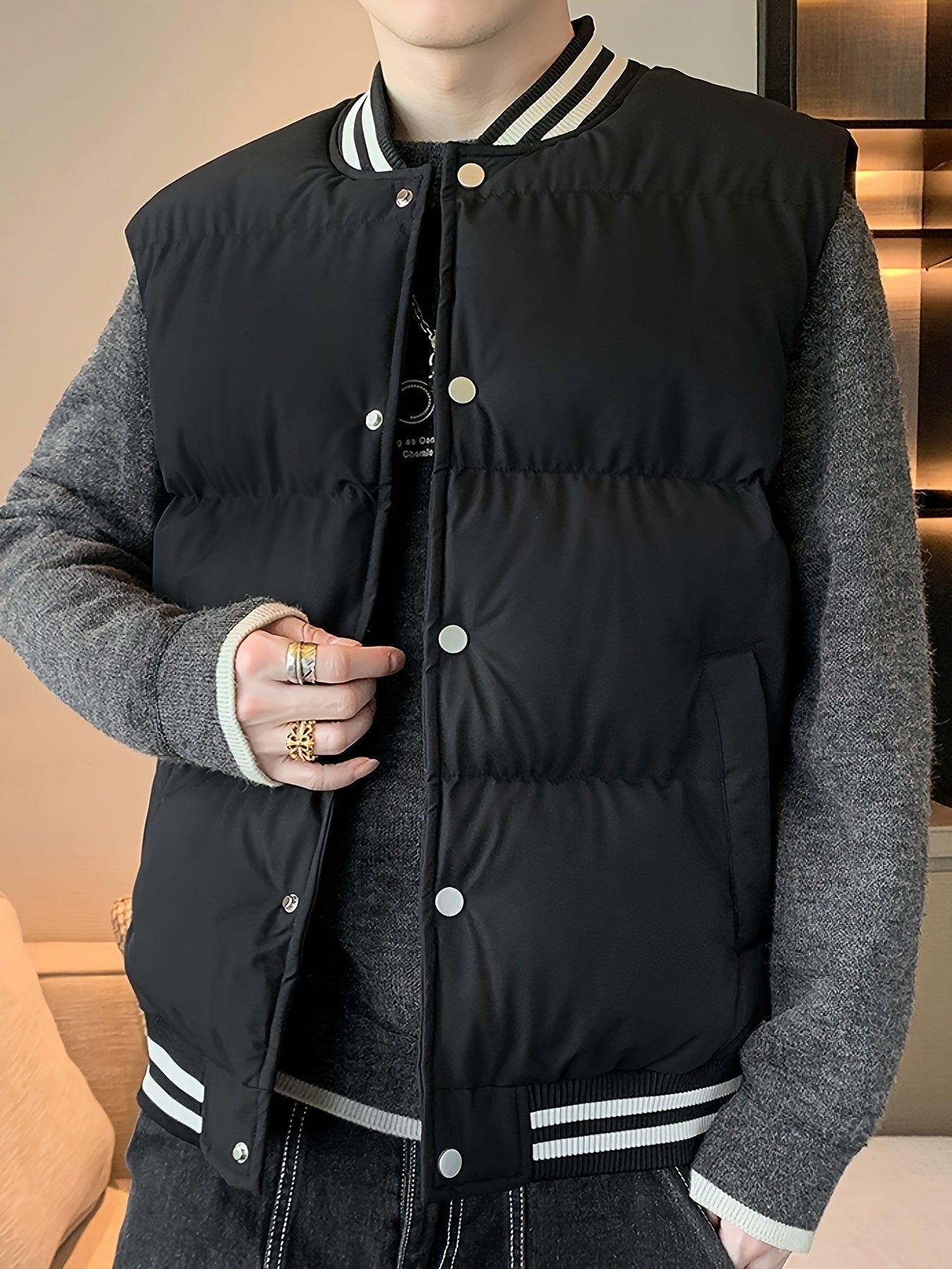 Men's Quilted Jacket with Stand Collar in Beige