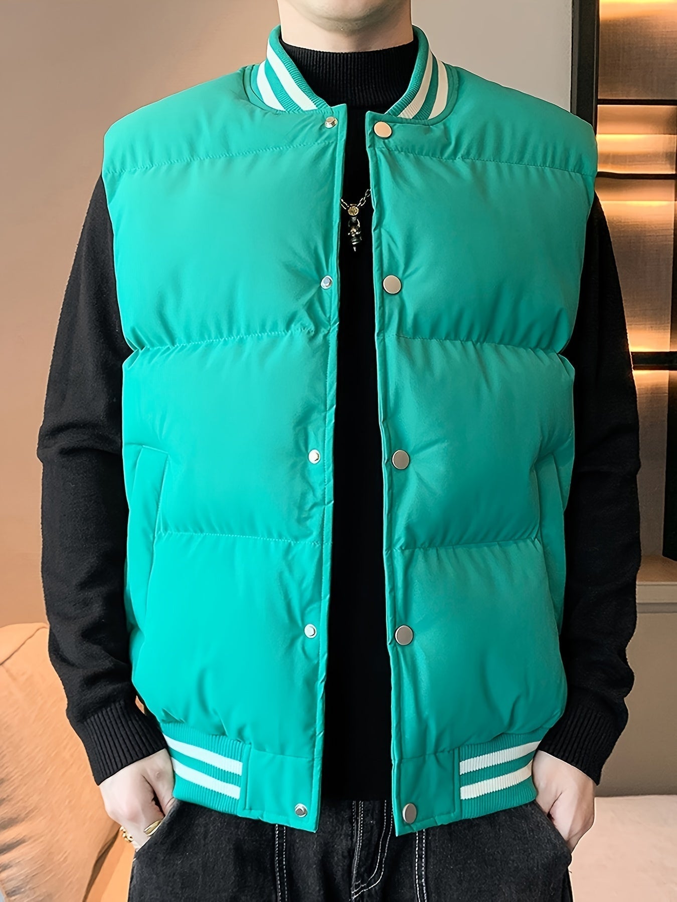 Men's Quilted Jacket with Stand Collar in Beige