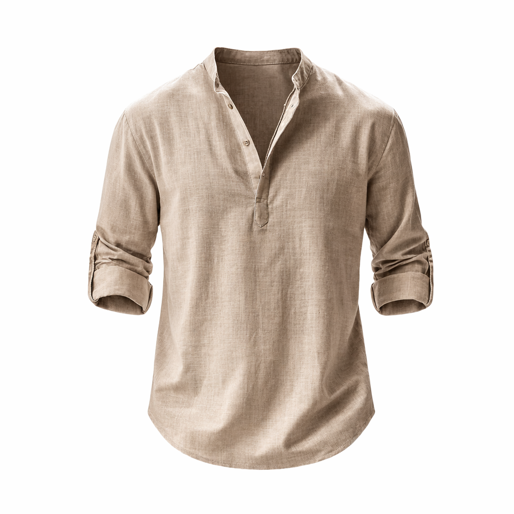 Men's Linen Shirt with Stand Collar and Roll-Up Sleeves