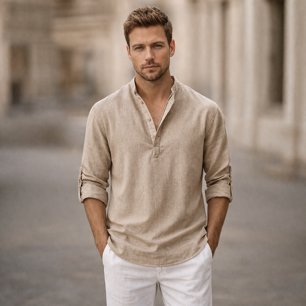 Men's Linen Shirt with Stand Collar and Roll-Up Sleeves