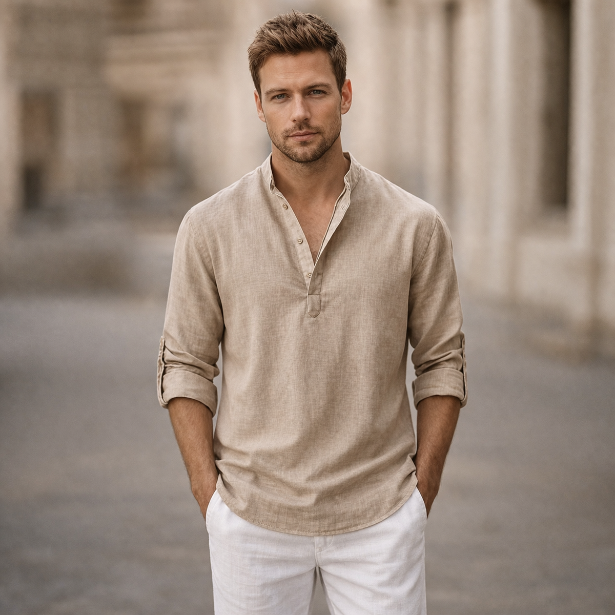 Men's Linen Shirt with Stand Collar and Roll-Up Sleeves