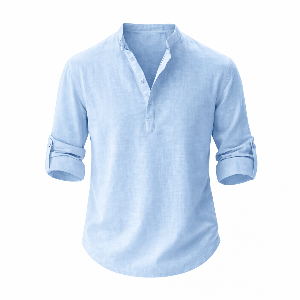 Men's Linen Shirt with Stand Collar and Roll-Up Sleeves