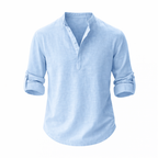 Men's Linen Shirt with Stand Collar and Roll-Up Sleeves