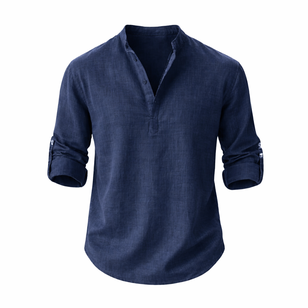 Men's Linen Shirt with Stand Collar and Roll-Up Sleeves
