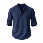 Men's Linen Shirt with Stand Collar and Roll-Up Sleeves