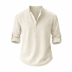 Men's Linen Shirt with Stand Collar and Roll-Up Sleeves