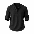 Men's Linen Shirt with Stand Collar and Roll-Up Sleeves