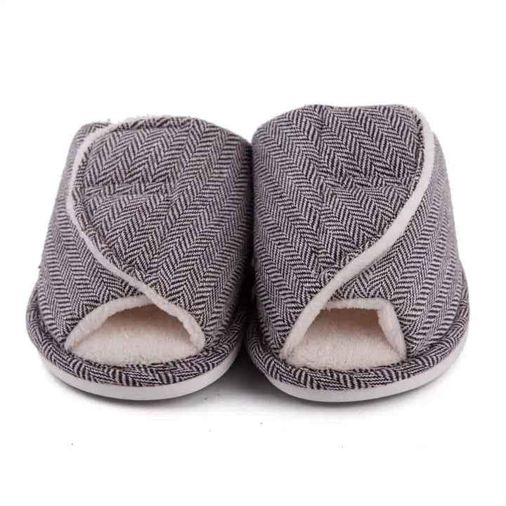 Men's Plush House Slippers – Herringbone Open-Toe Indoor Slippers