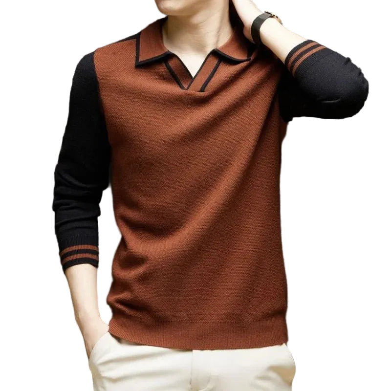 Men's Long-Sleeve Polo Sweater – Contrast Johnny-Collar Knit Pullover
